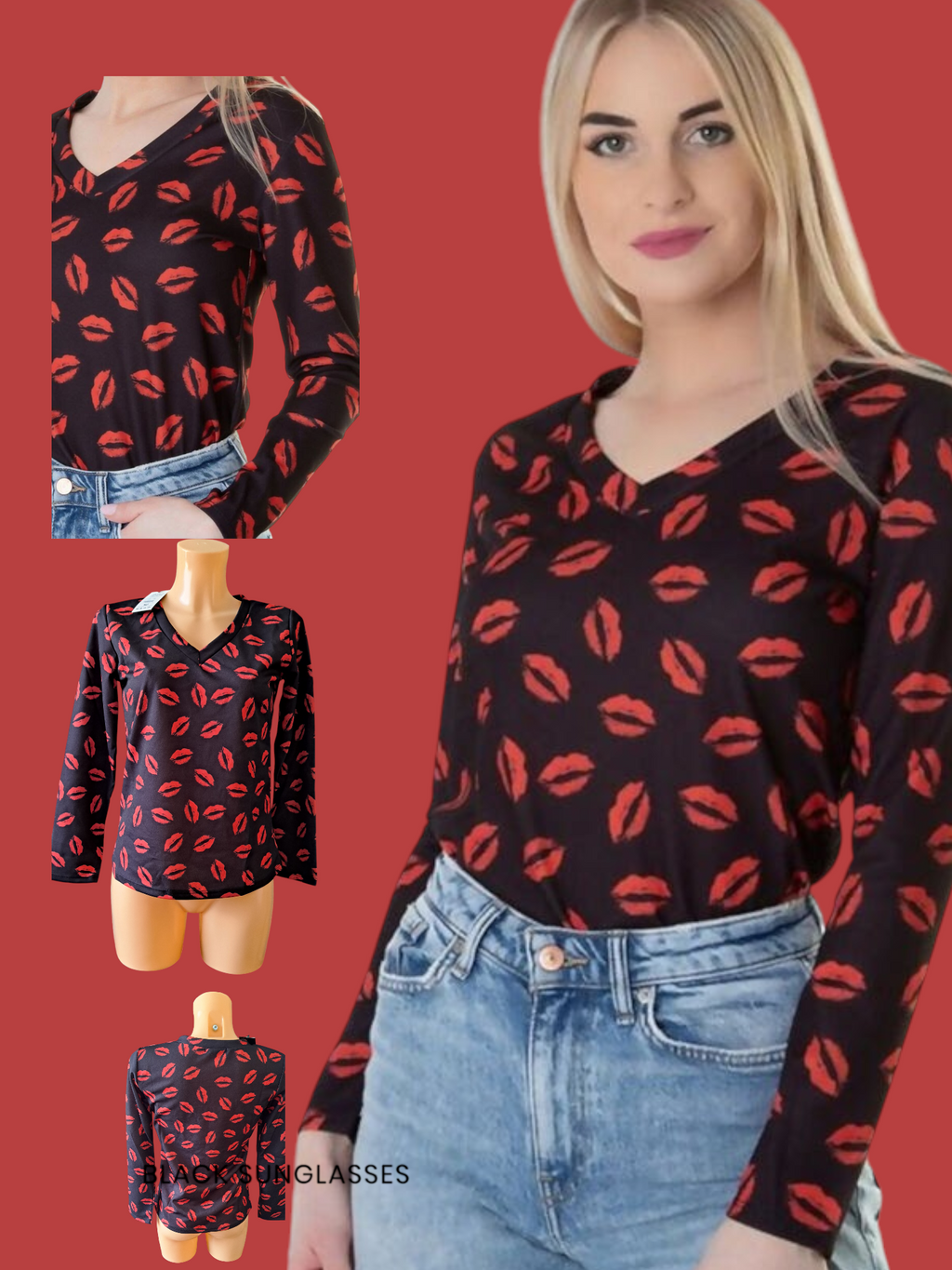 Ladies Black Top T Shirt With contrast LIPS print Long Sleeves Size 8, 10, 12