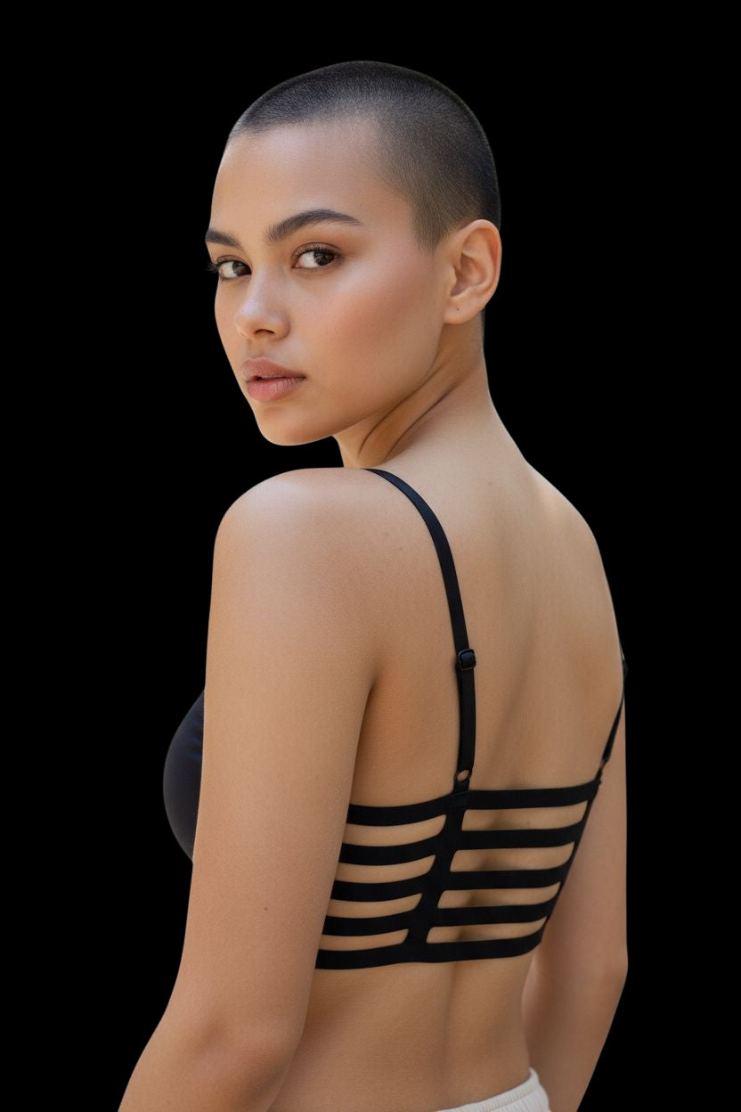 Ladies Sports Bra black gate design Adjustable Straps Size XS/S (8/10), M/L (12-14)