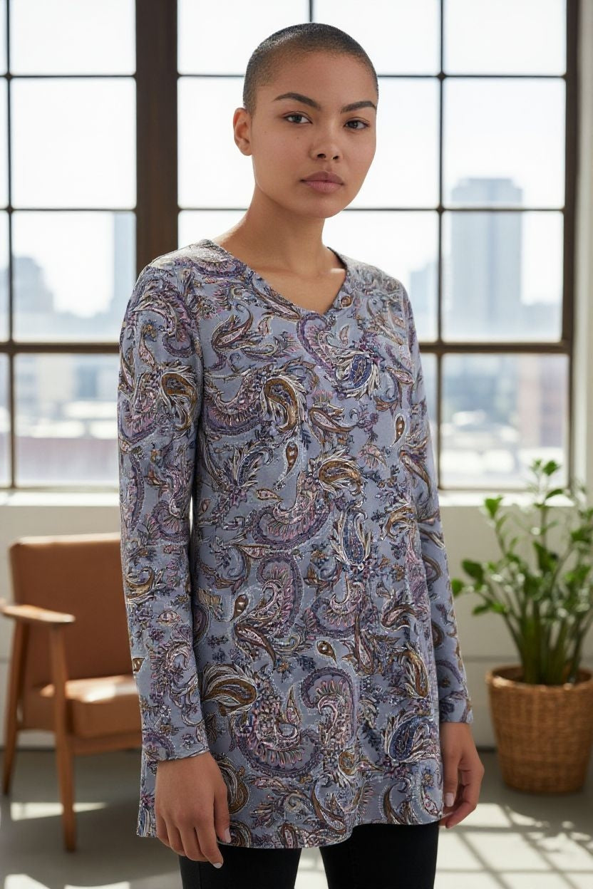 Ladies Grey Paisley Print Long Sleeve Top Pure Cotton Size 12/14, 16, 18