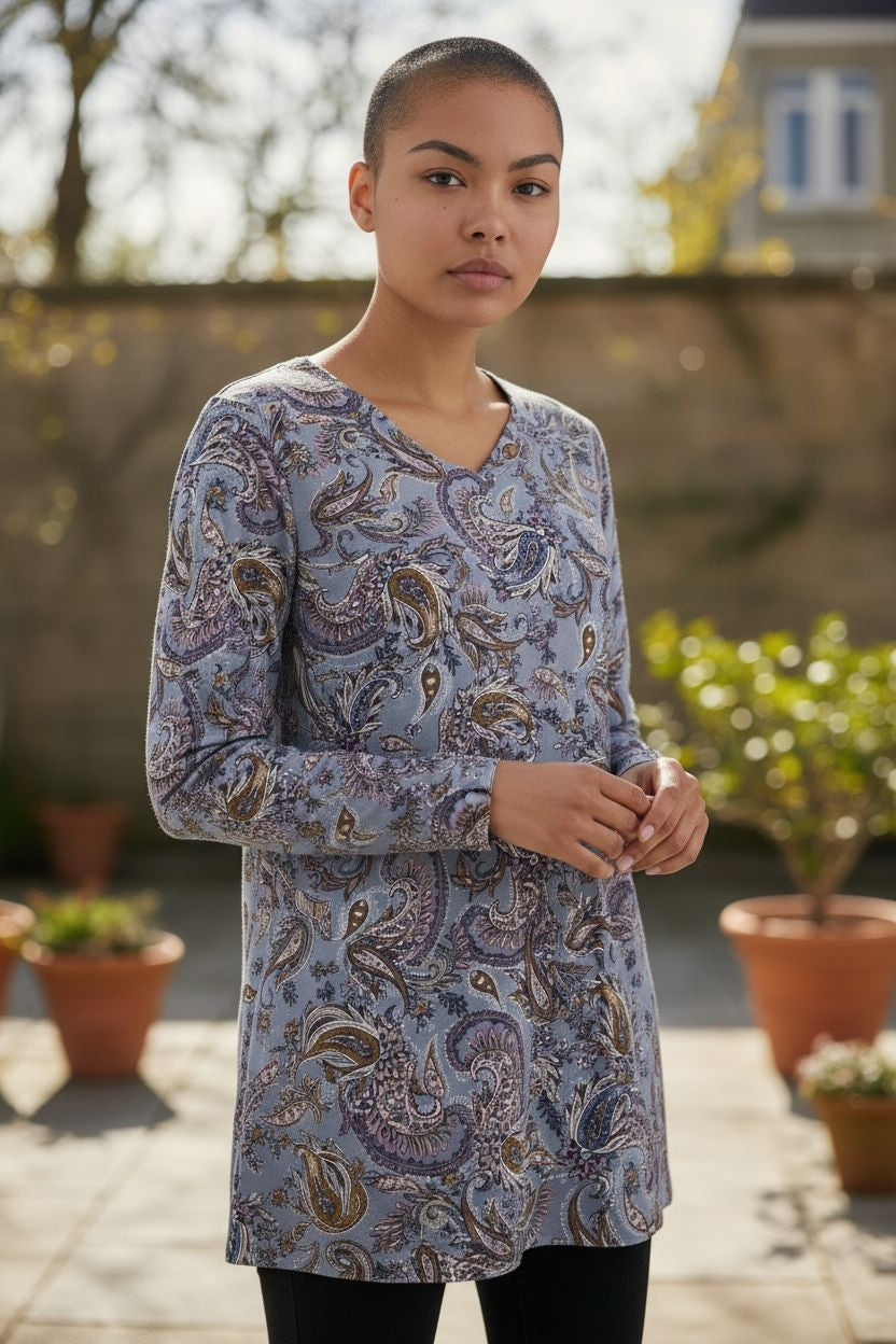 Ladies Grey Paisley Print Long Sleeve Top Pure Cotton Size 12/14, 16, 18