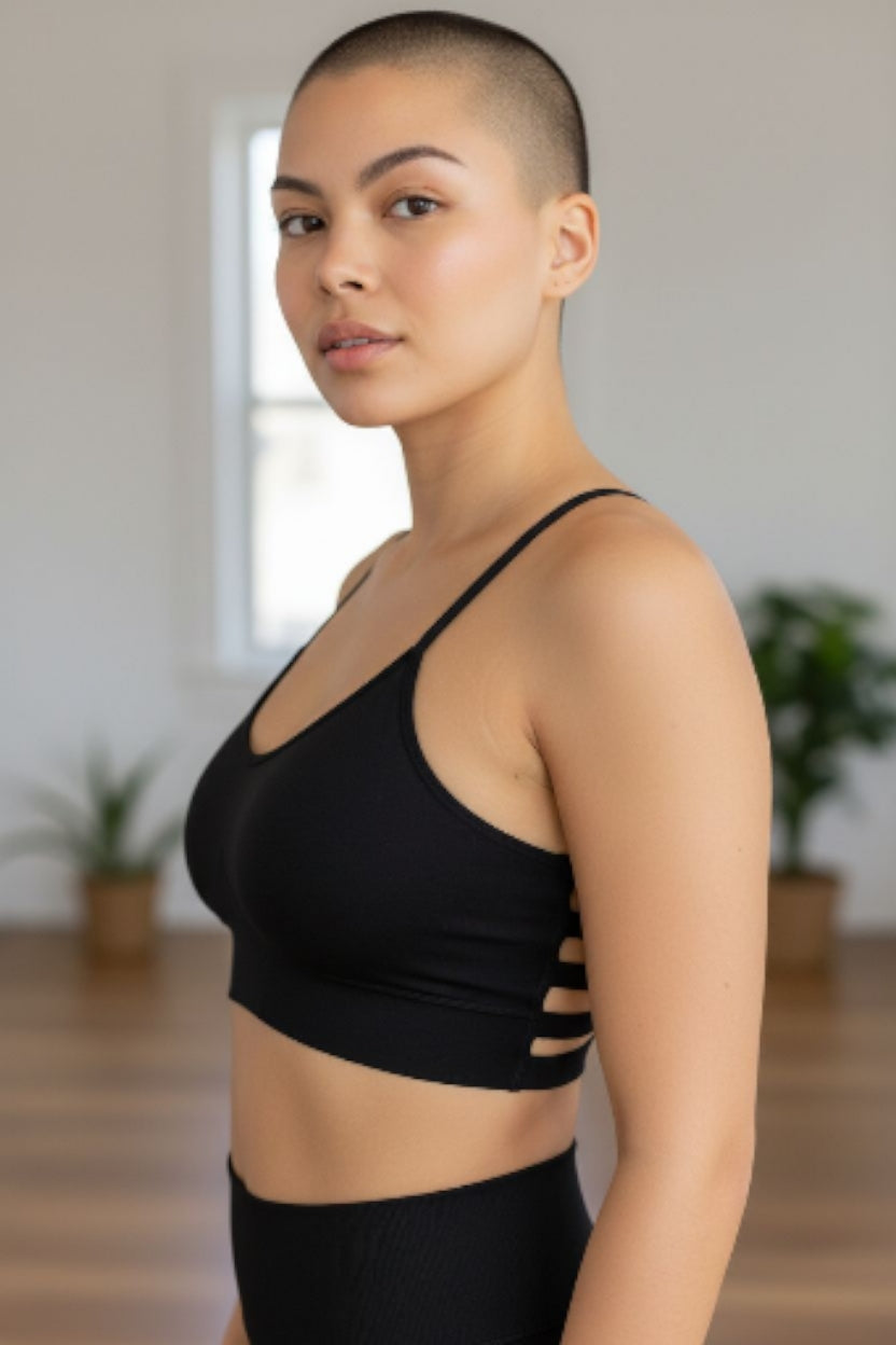 Ladies Sports Bra black gate design Adjustable Straps Size XS/S (8/10), M/L (12-14)