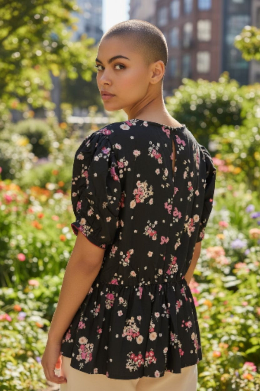 Ladies Plus SIZE 20 Blouse Black Floral Short Ruiched Sleeve - 48" BUST