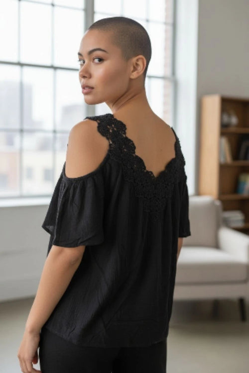 Ladies black drop shoulder top Size 14 length 25" lace embroidered trim