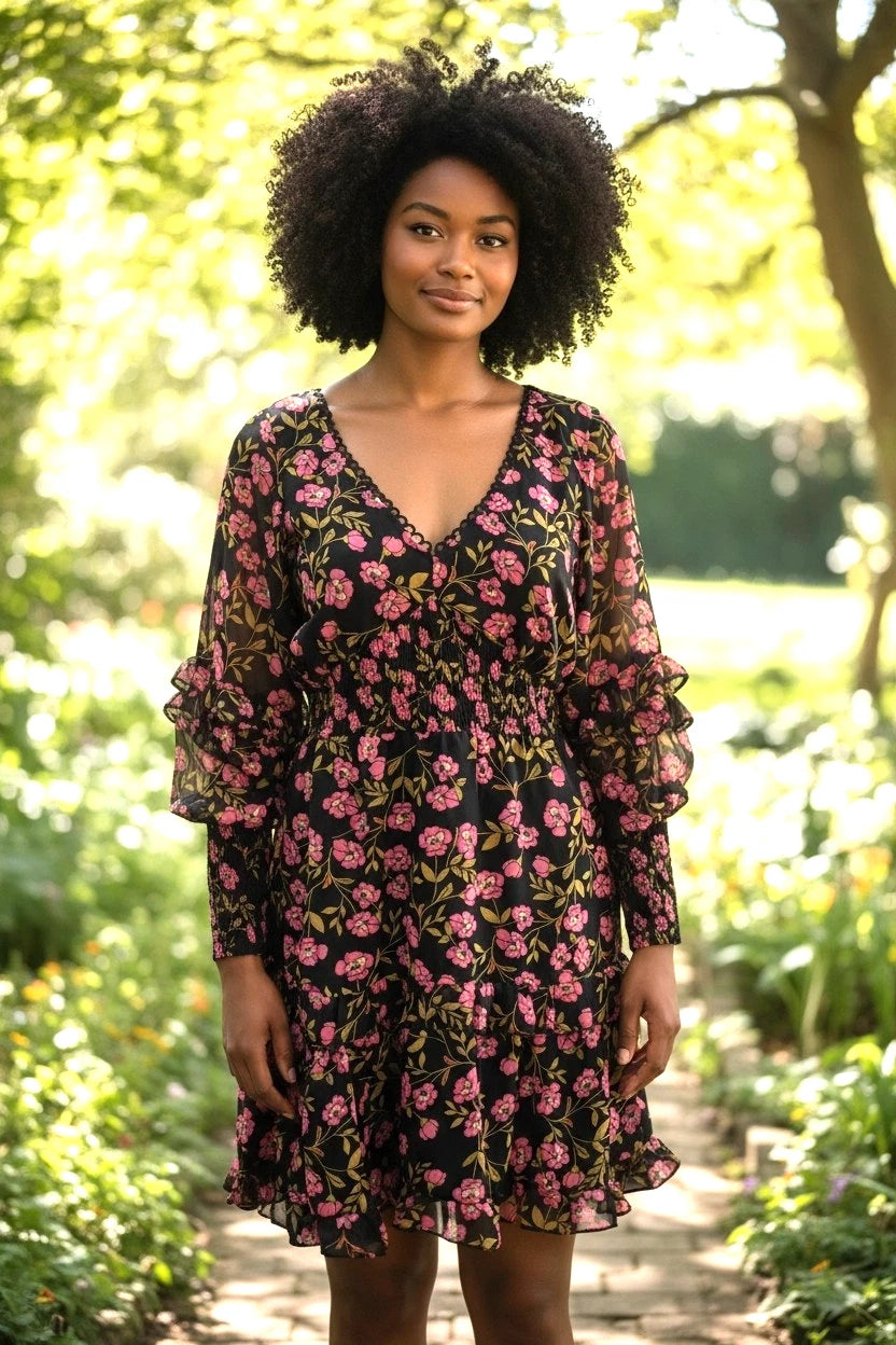 Ladies Dress floral v neck with frills, lined size 10 ruched elasticated waist