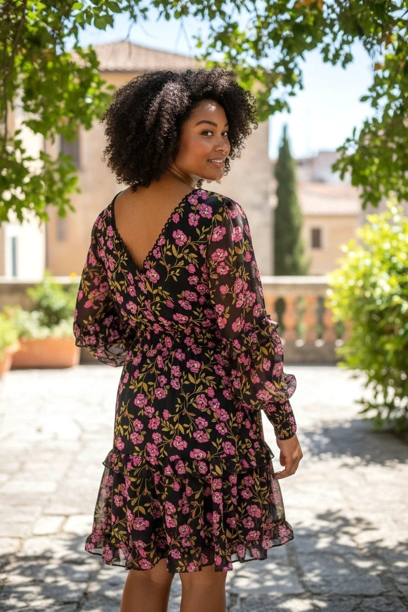 Ladies Dress floral v neck with frills, lined size 10 ruched elasticated waist