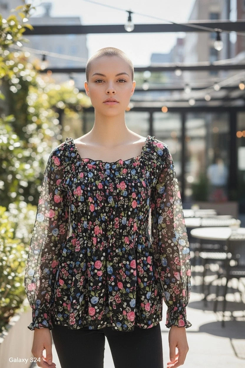 Ladies Peplum floral Top square neck with long sleeves & flared cuffs size 12