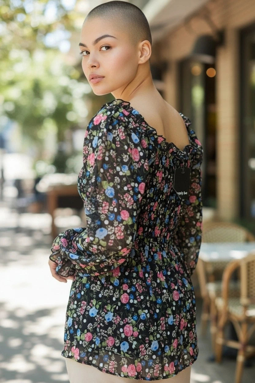 Ladies Peplum floral Top square neck with long sleeves & flared cuffs size 12