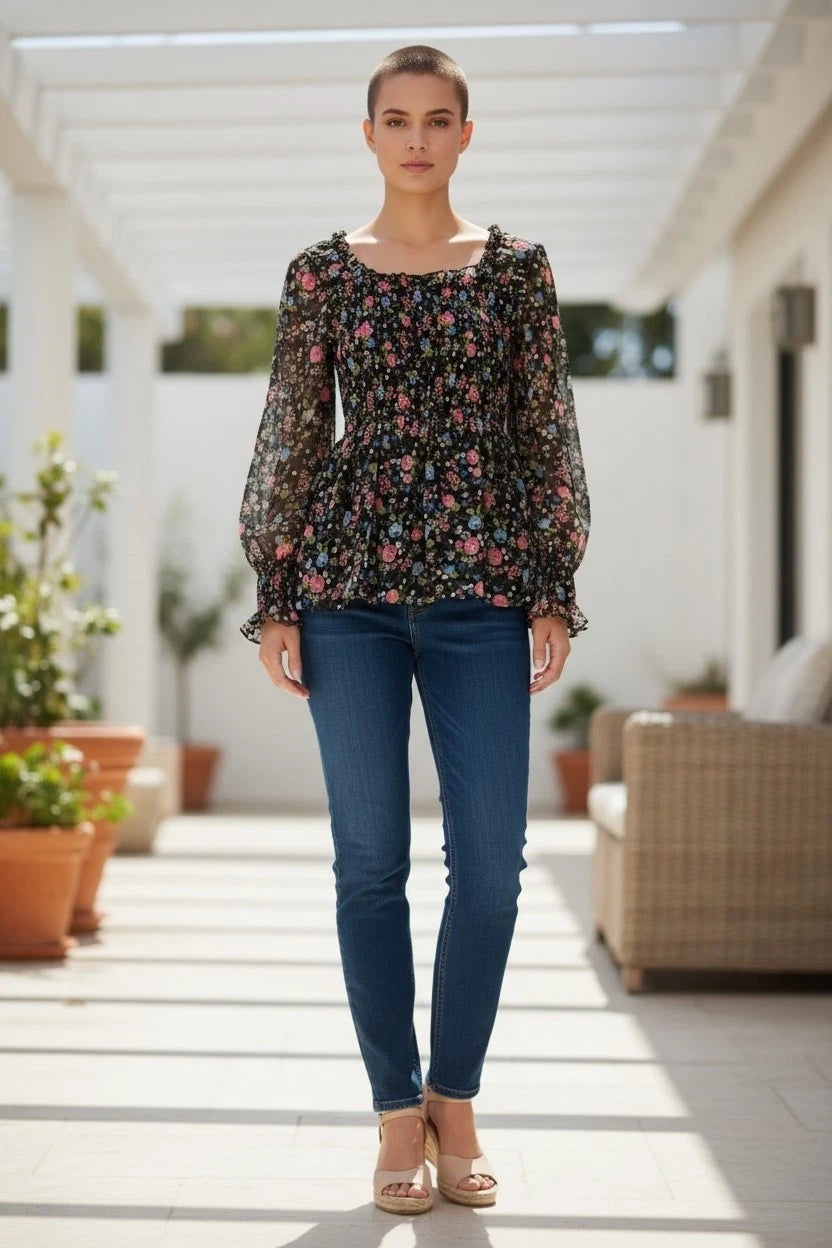 Ladies Peplum floral Top square neck with long sleeves & flared cuffs size 12