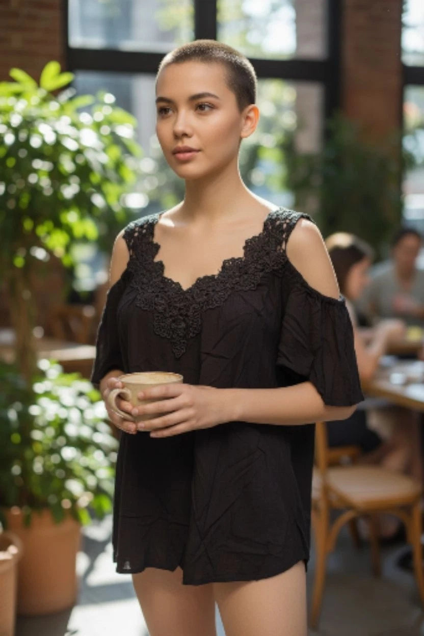 Ladies black drop shoulder top Size 14 length 25" lace embroidered trim